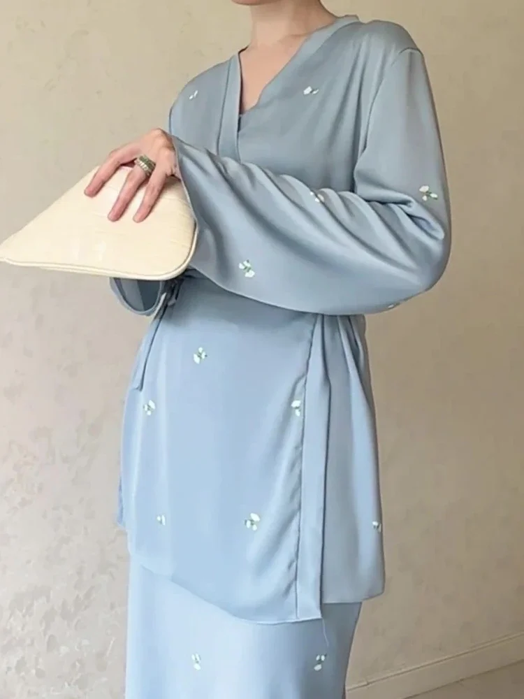 Ensemble de robes longues à lacets pour femmes, col en V, robe droite élégante, robe éducative, robes imprimées florales, décontracté, fête musulmane, Eid, 2 pièces