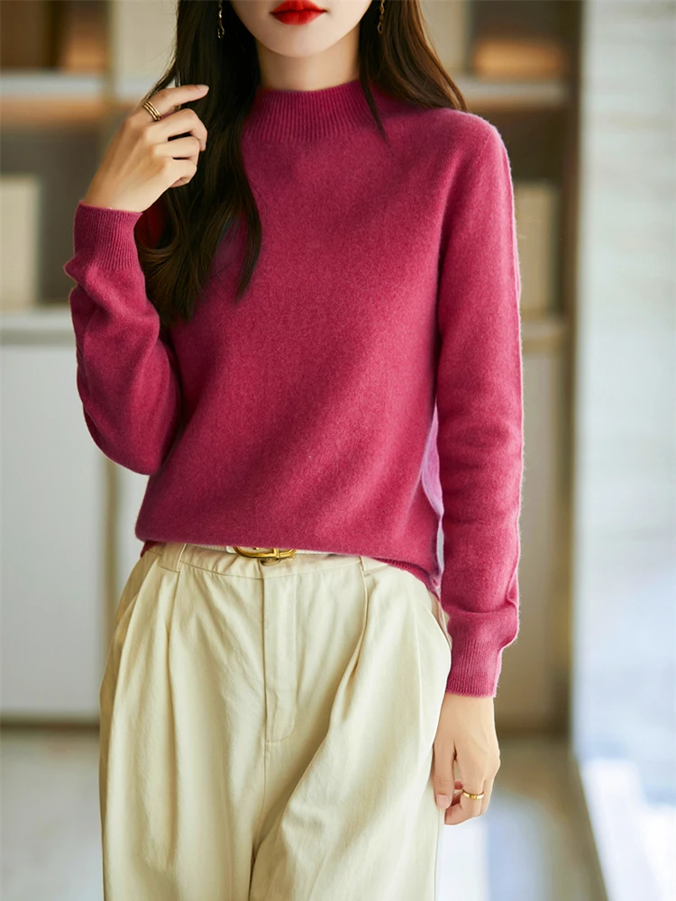 Fashion Basic  Women Merino Wool Sweater Cashmere Pullover O-Neck Knitwear Slim Solid Collar Elegant Clothing Tops