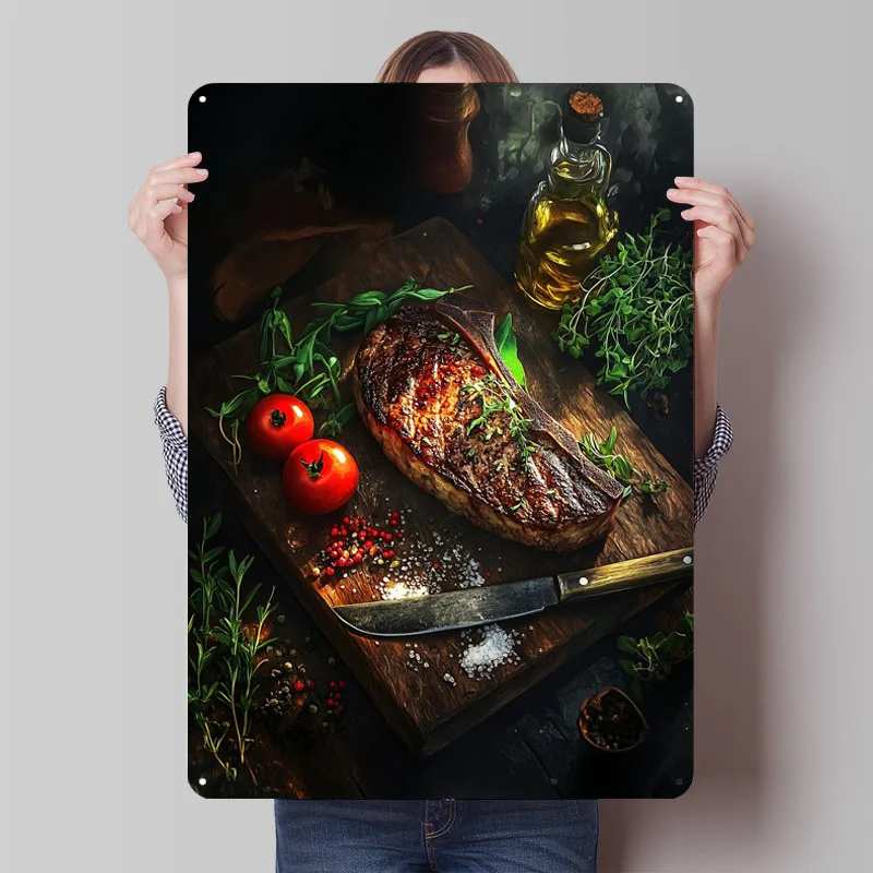 Cartel de Metal de filete a la parrilla con tomates y hierbas, carteles de Metal Vintage, decoración de la casa, letrero de estaño personalizado para decoración artística de pared Retro