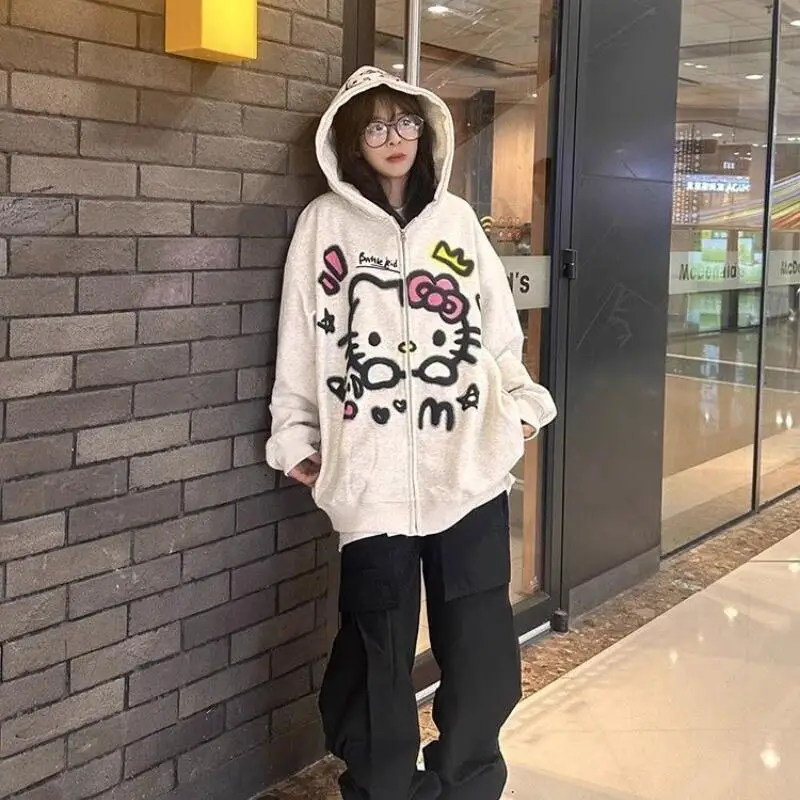 

Sanrios Cartoon Jacket Hello Kittys Kawaii Long Sleeve Sweet Print Simple Loose Hot Selling Casual Commuting Gift for Girlfriend