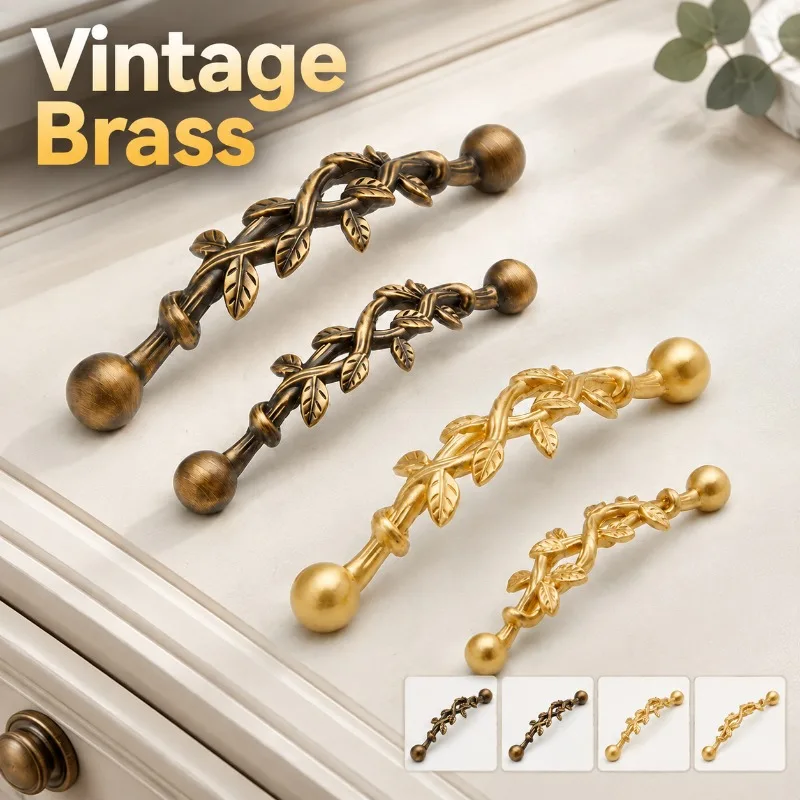 Vintage Brass Vine Cabinet Pulls, Pure Copper Drawer Cupboard Handles, Decorative Hardware for Wardrobe Kitchen Furniture