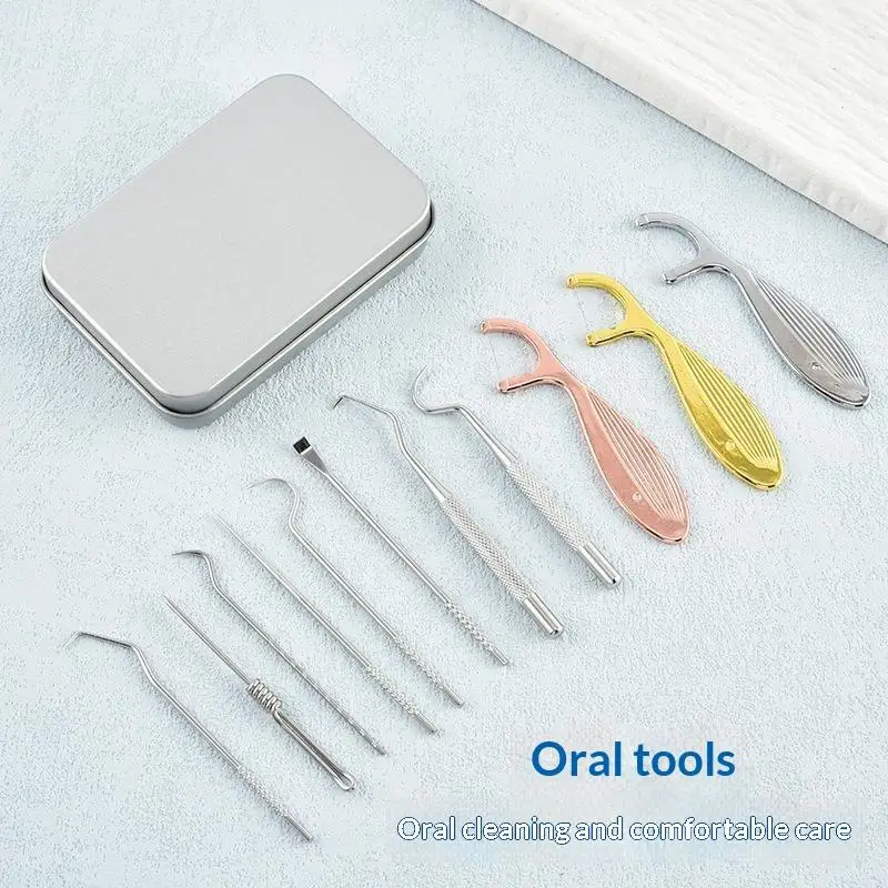 1/9Pcs Stainless Steel Reusable Toothpick Dental Floss Set Tooth Clean Tools With Metal Case For Home Travel Daily Teeth Care