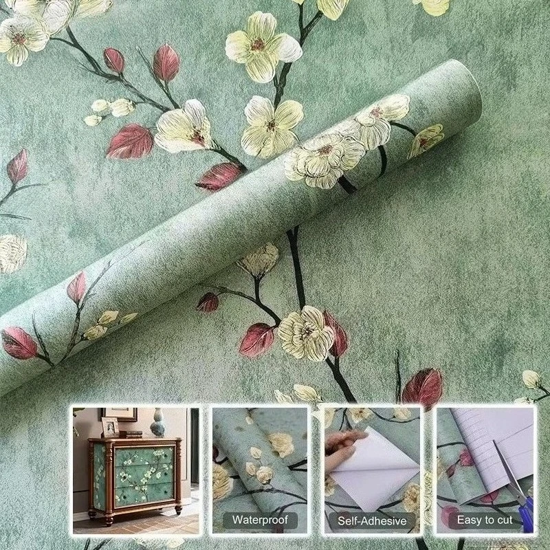 Florale Selbstklebende Tapeten Grüne Blumen Selbstklebendes Wasserdichtes Kontaktpapier Möbel Tisch Renovierung Dekor Wandaufkleber