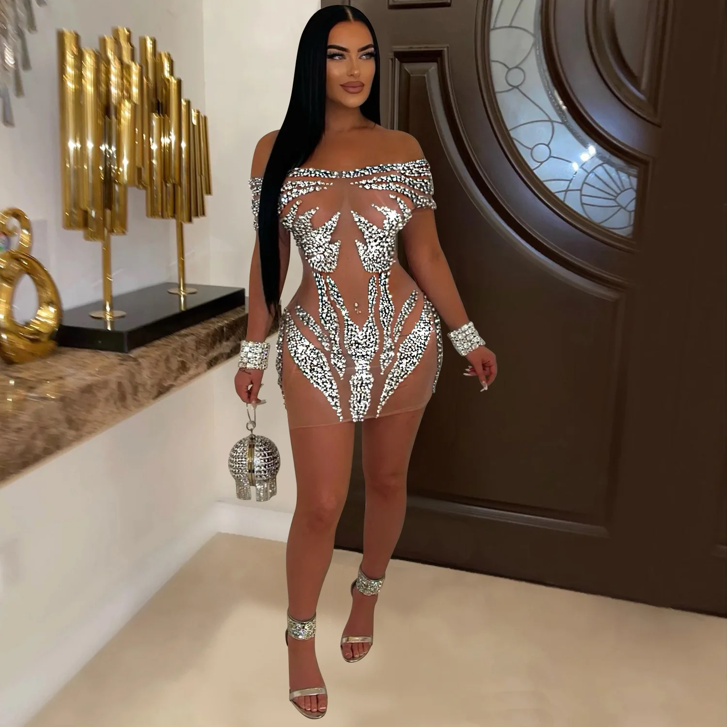 SKMY Fashion Summer Outfits For Women Sexy Rhinestone See Through Off The Shoulder Sleeveless Bodycon Short Dresses Solid Color