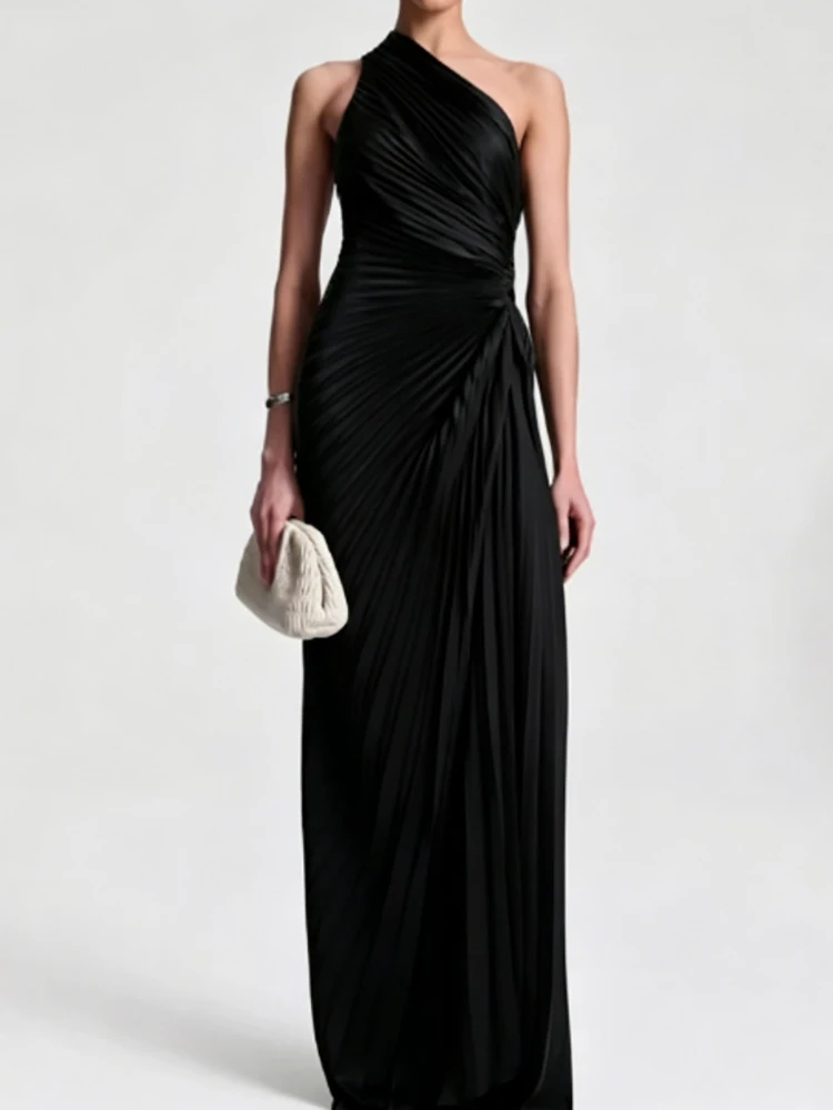 Women's Summer Sleeveless Skew Collar Fashion Patchwork Maxi Dress Elegant Chic Solid Holiday Streetwear Party Dress for Ladies - view 6
