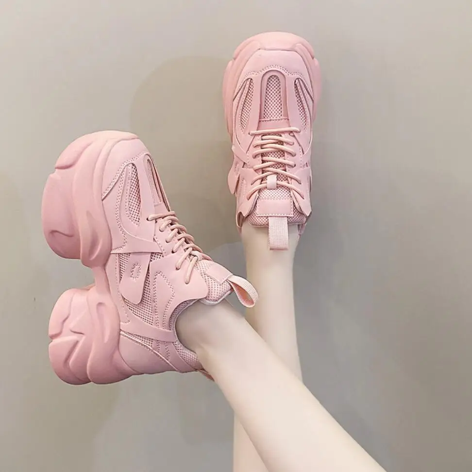 2024 Super High Heels12cm Chunky Sneakers donna autunno spessa altezza inferiore lncordonatura scarpe Casual Lady Mesh Platform Vulcanize