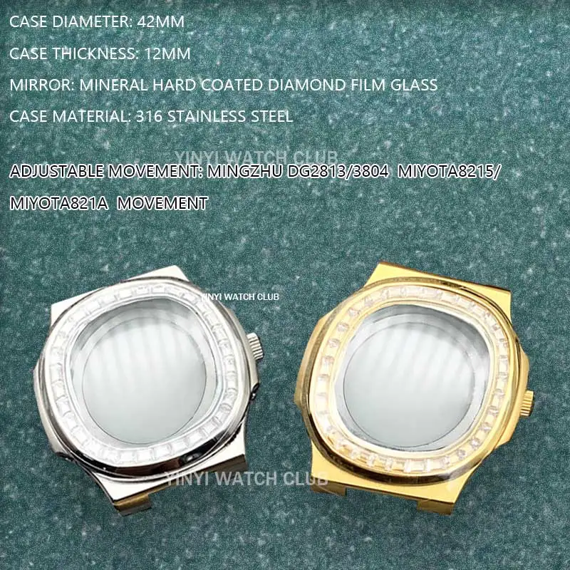 42MM Watch Case Gold Sliver Diamond Set Transparent bottom for Miyota 8215, 821A Mingzhu dg2813 dg3804 Movements Nautilus Case