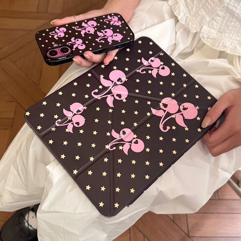 Simple Stars Korean Ins Style Pink Cherry Case 3+Y Fold For Samsung TabS8 S9 S11 FE S6lite tablet Case 10S 11 S8 6 lite A78 Case