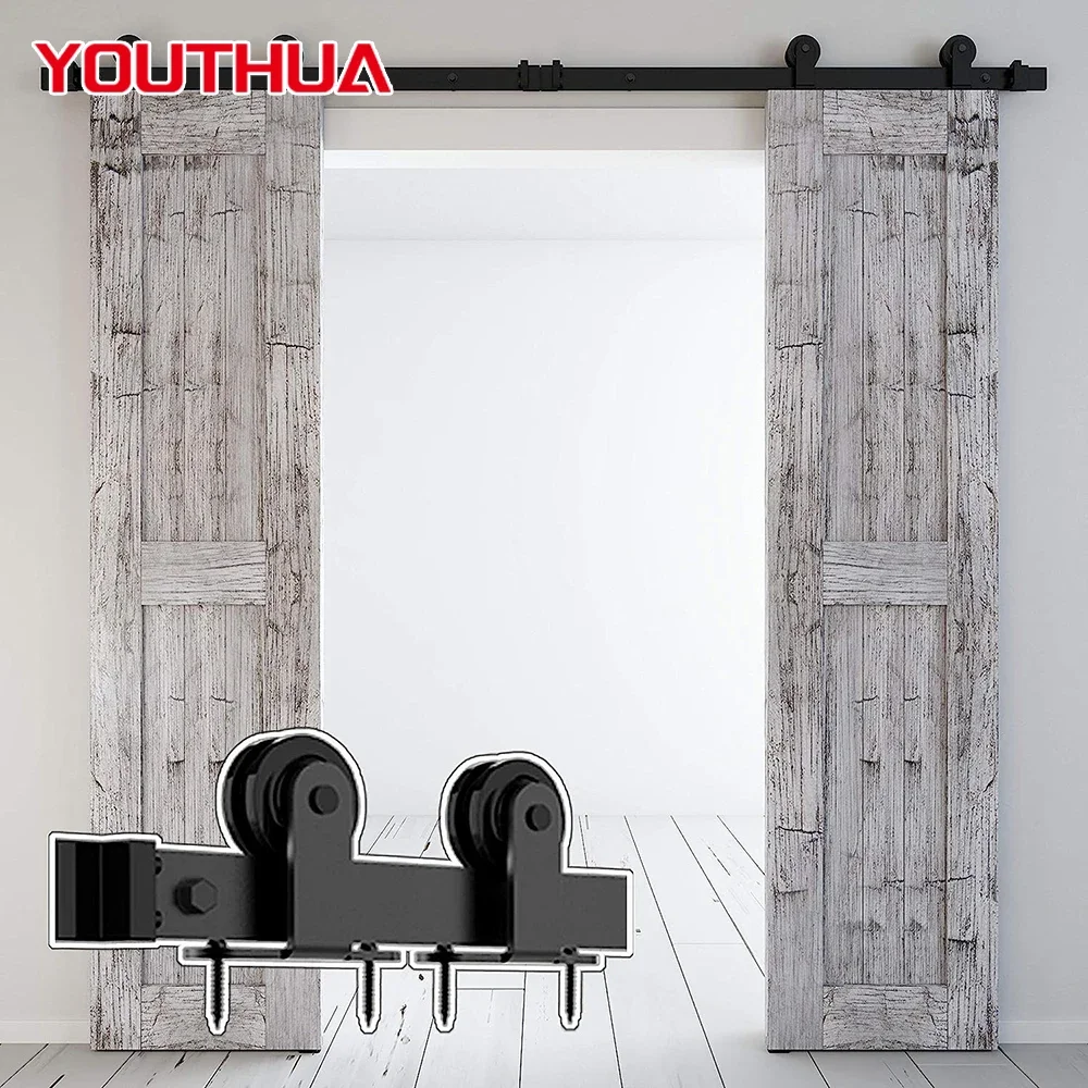 YOUTHUA 8-20FT Heavy Duty Sliding Barn Door Hardware Kit for Two Door Black Steel Hardware Track Rollers Set T-Shaped