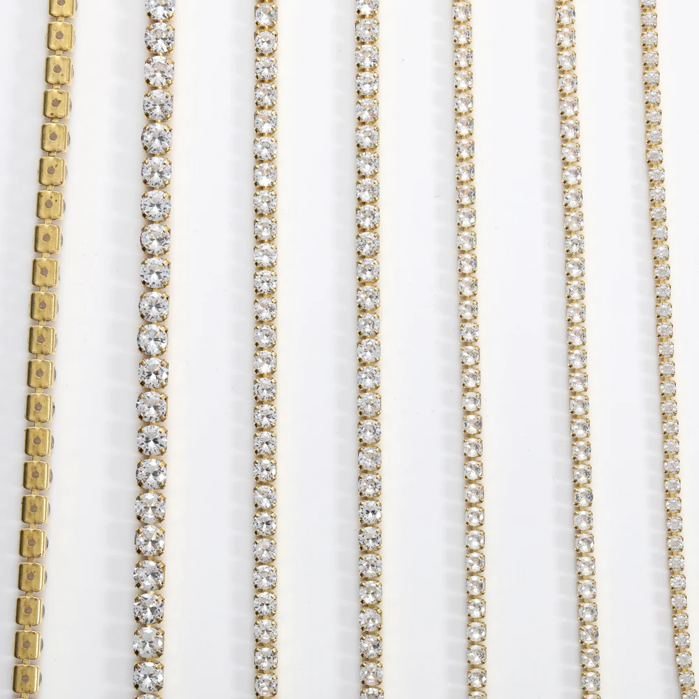 1 Yard 2mm Golden Base Round Zirconia Cup Chains Glitter Zircon Rhinestone Trims For Necklace DIY Zircon Chains Shoes Decoration