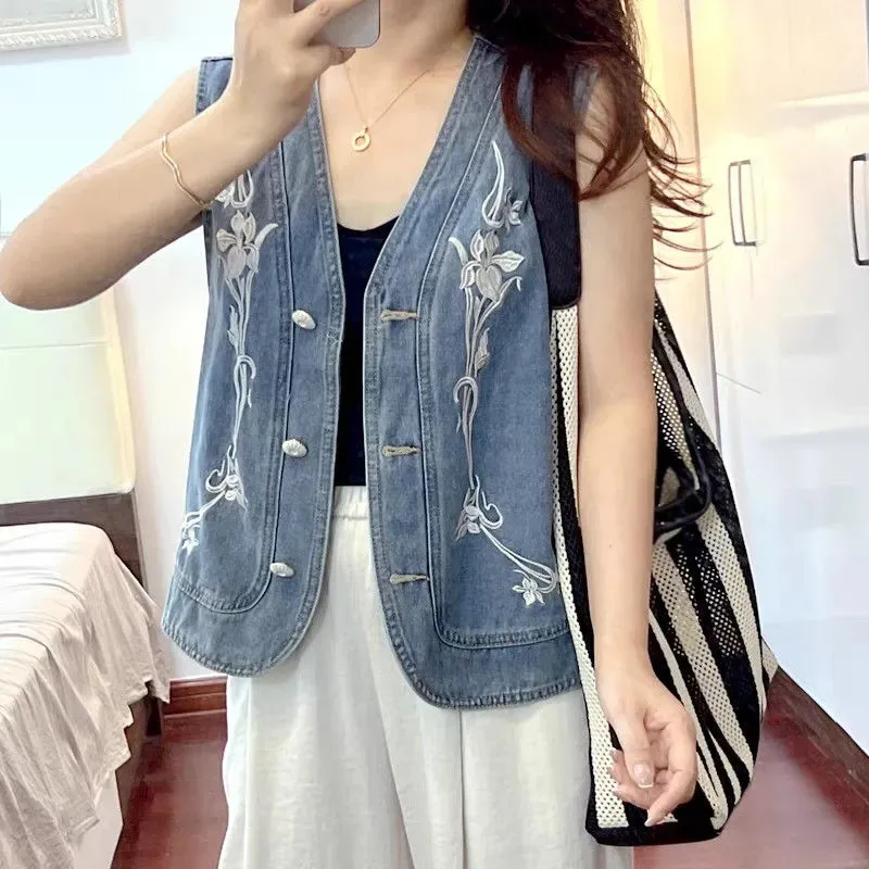Women's Light Blue Denim Vest with White Floral Embroidery Casual Sleeveless Button Front Cropped Waistcoat