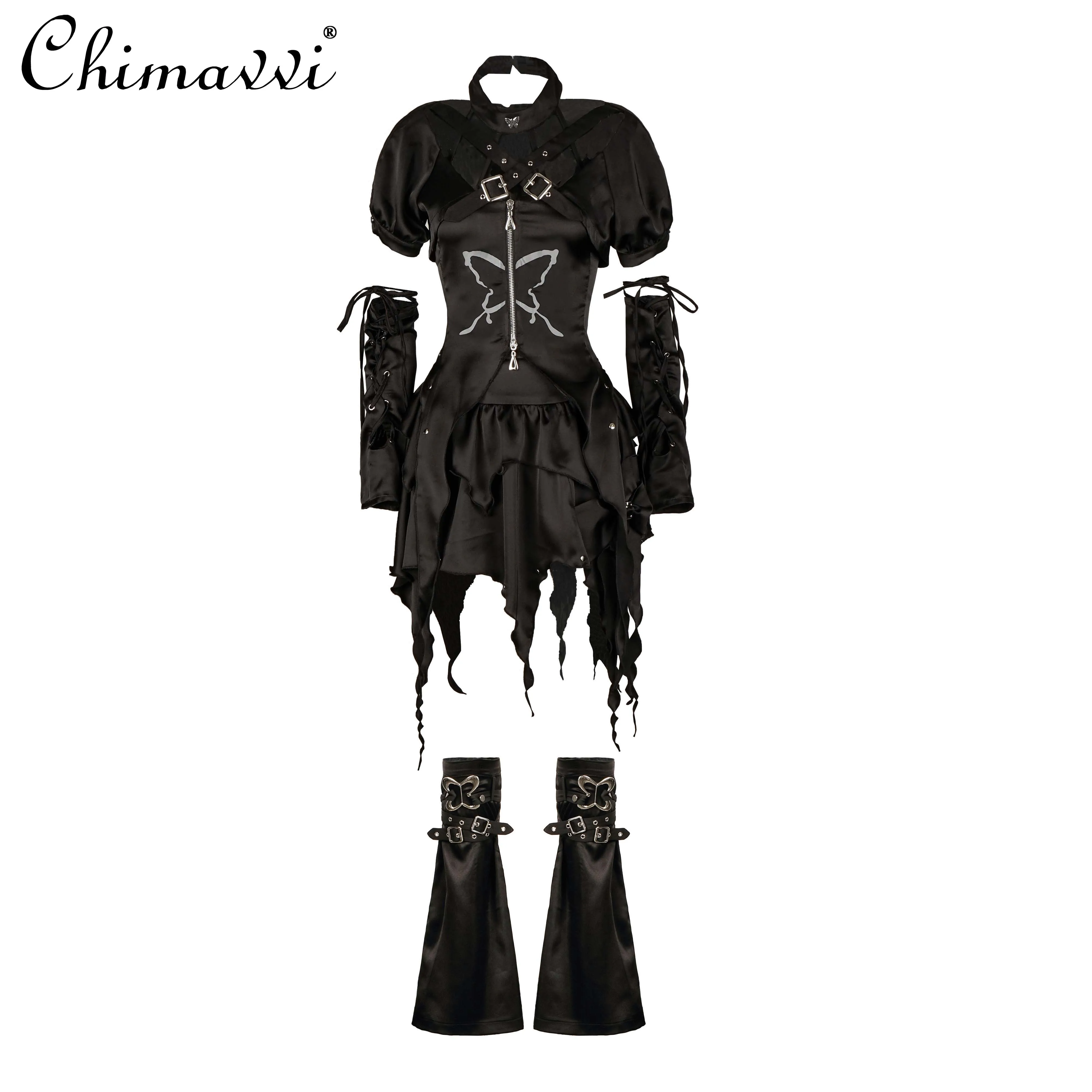 Original Japanese Hot Girls Short Sleeve Butterfly Halter Top Irregular Hem Skirt Y2k Fashion 2024 Summer Women's Skirt Set