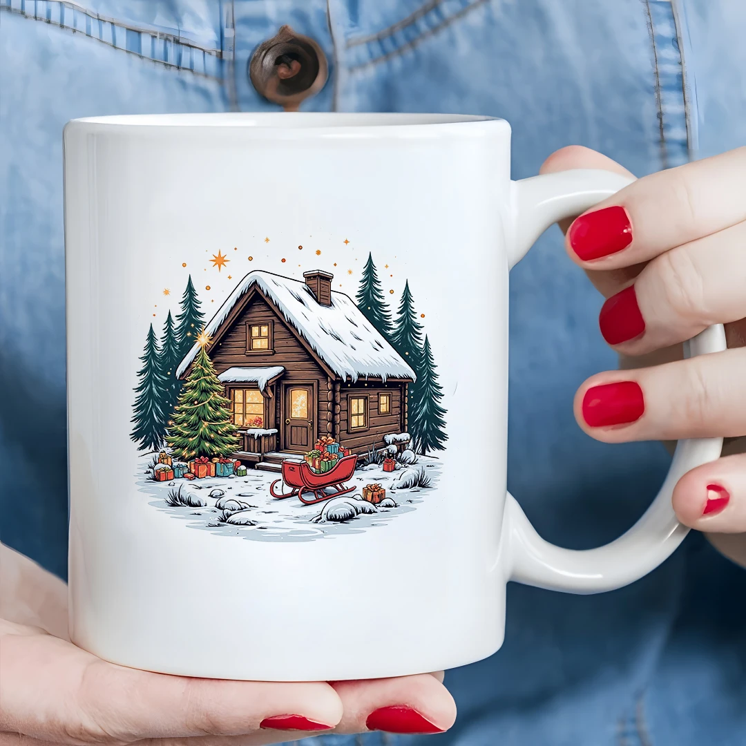 Taza de 11oz, cabaña navideña de dibujos animados, árbol iluminado, caja de regalo colorida, trineo, acogedor regalo de Navidad para niños, familia, oficina, Cof