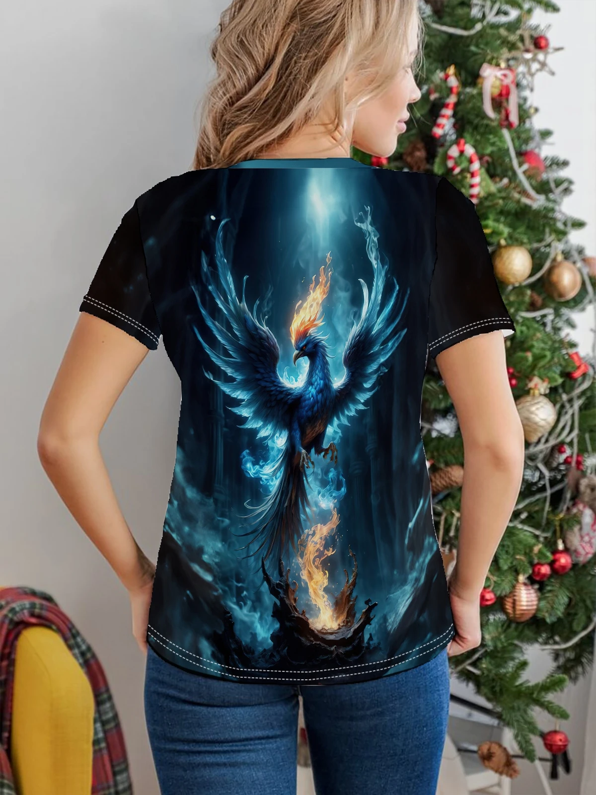 Blue Flame Phoenix Print T-shirt, Casual Crew Neck Short Sleeve Top For Spring & Summer, Women\'s Clothing