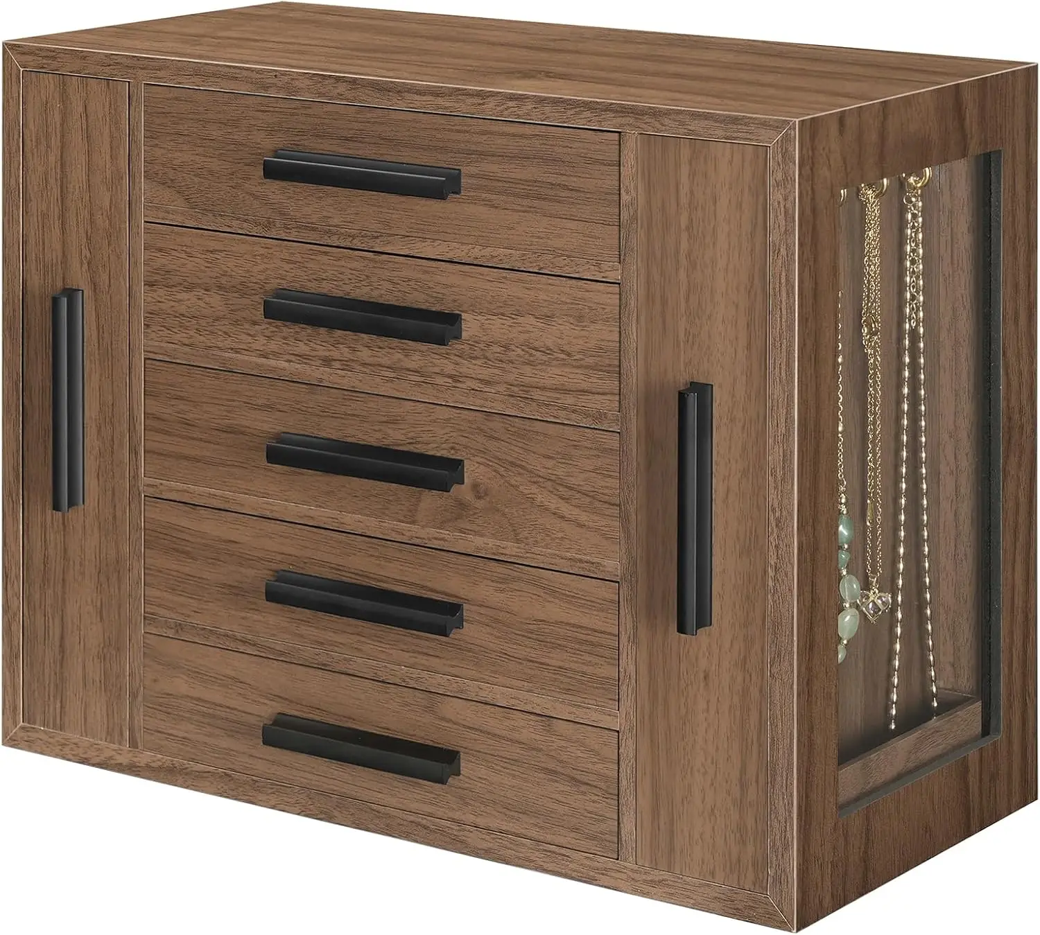 صندوق مجوهرات مكون من 5 طبقات، منظم مجوهرات خشبي بنوافذ شفافة، صندوق تخزين المجوهرات مع درجين عموديين #1