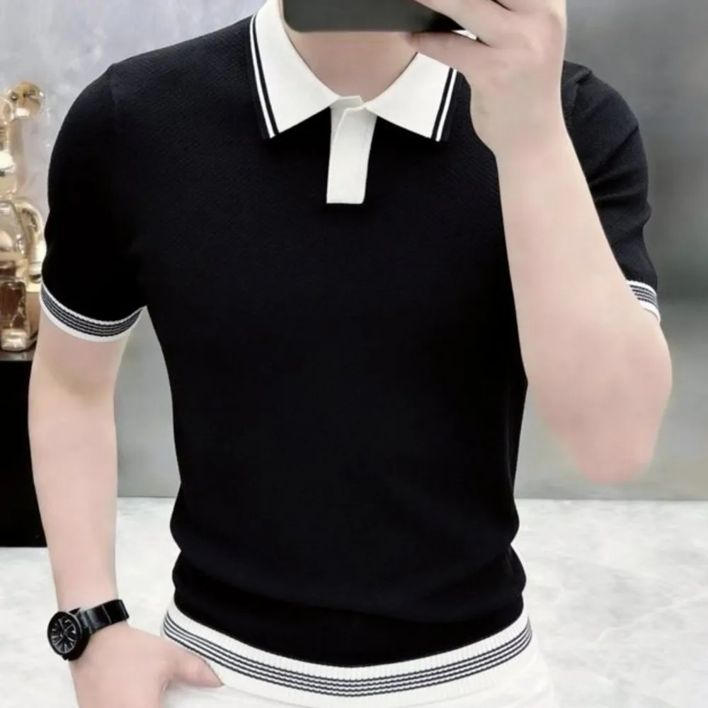 Summer Contrast Color Stitching Short-sleeved T-shirt British Slim Lapel Knitted Striped Casual V-neck Polo Shirt Camisa Polo