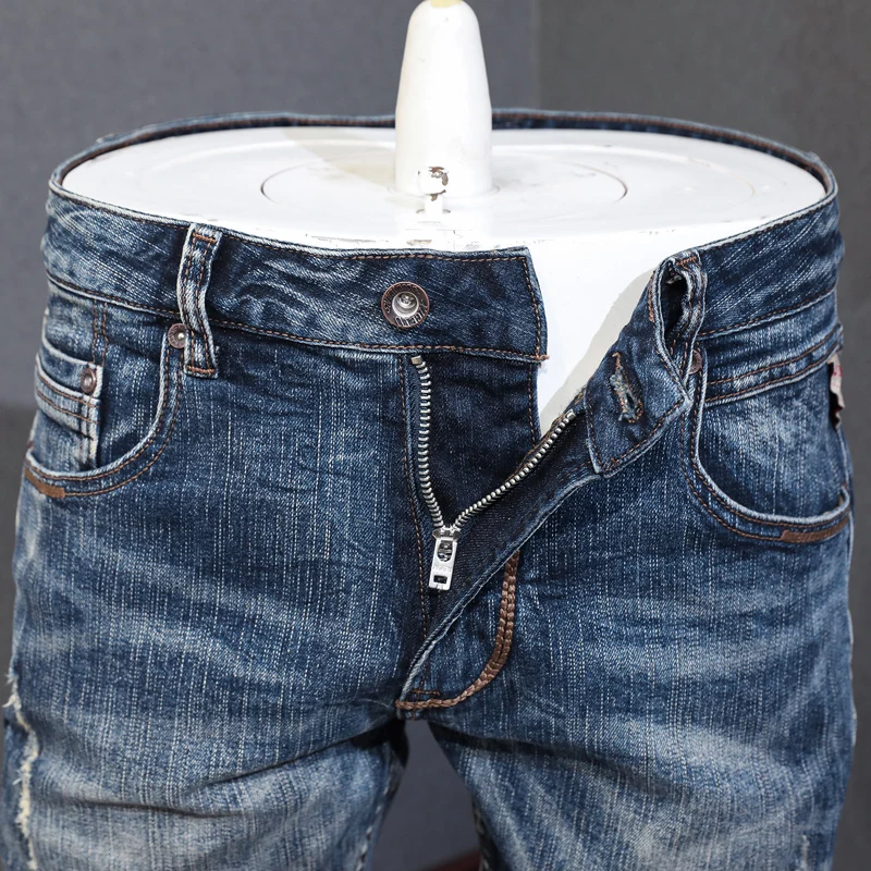 Fashion Designer Men Jeans High Quality Retro Blue Elastic Slim Fit Ripped Jeans Men Italian Style Vintage Denim Pants Hombre