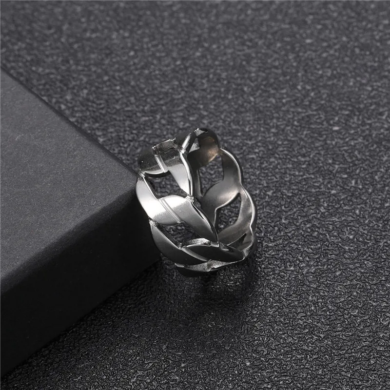 Hip Hop Cuban Link Ring Temperament 9mm Width Silver Color Stainless Steel Couple Ring For Men Women Jewelry Gifts