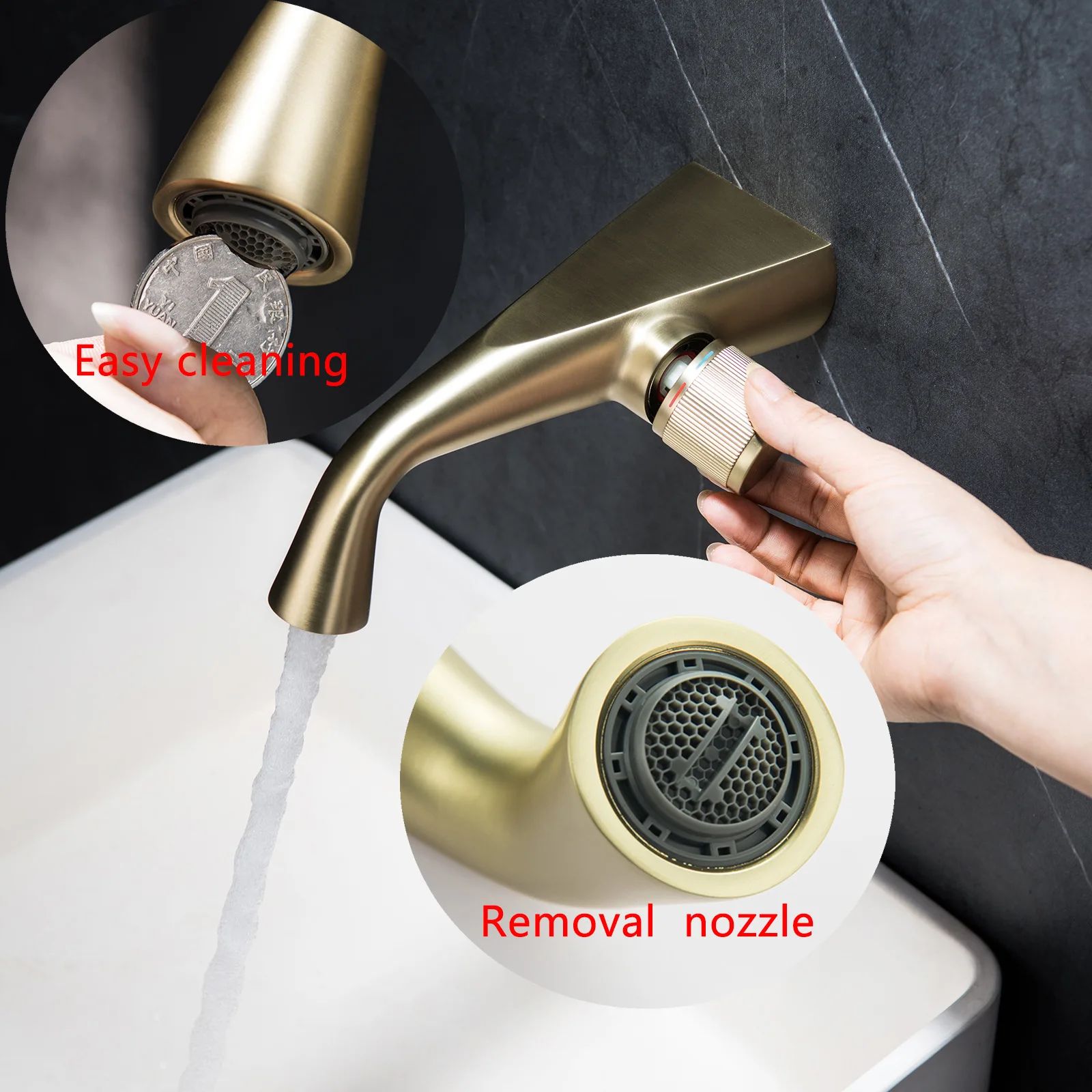 Brushed Gold Curved Concealed Wall Mounted Basin Faucet,Modern Minimalist Built‑in Tap for Home Bathroom Sink