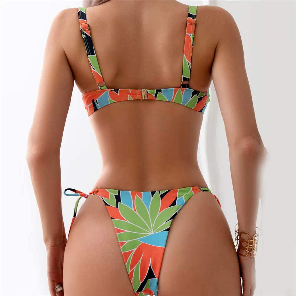 Bikini Set Sexy Color Leaf Print Swimwear Push Up Micro Thong Women String Lace-up Swimsuit Mini Bathing Suit Bikini 2024 Mujer