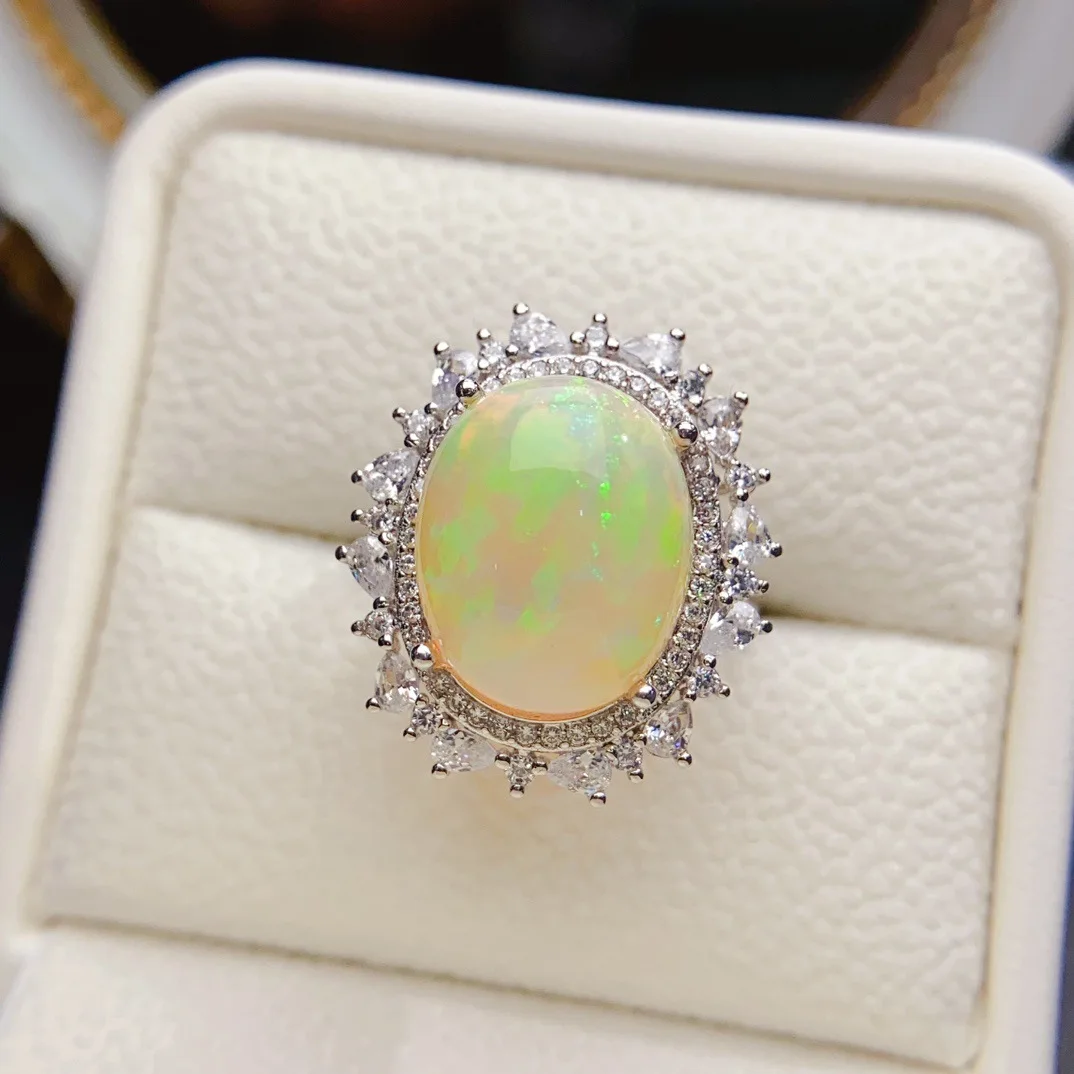 S925 Silver Natural Opal Ring, 12*15mm Oval Gemstone Zircon Halo Adjustable Women Statement Ring