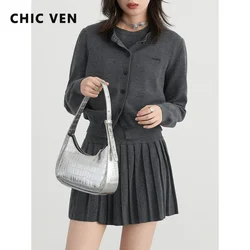 CHIC VEN Women Fashion Sets Korean Solid Wool Blend Cardigan Casual Knitted Tops High Waisted Pleated Skirts Autumn New 2024