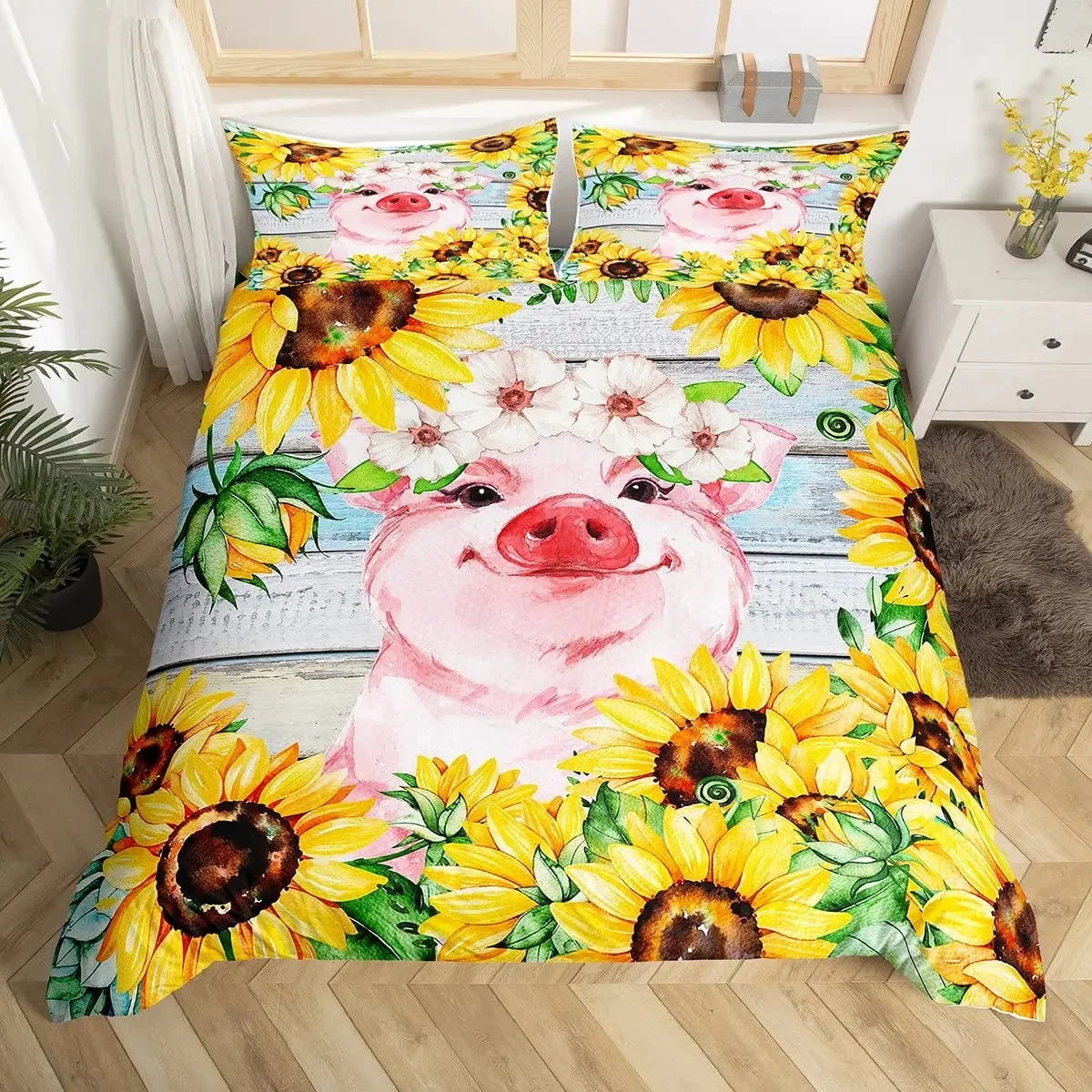 Pink Pig Duvet Cover King Queen Size Cartoon Farm Animal Bedding Set for Kids Yellow Sunflowers 2/3pcs Polyester Comforter Cover