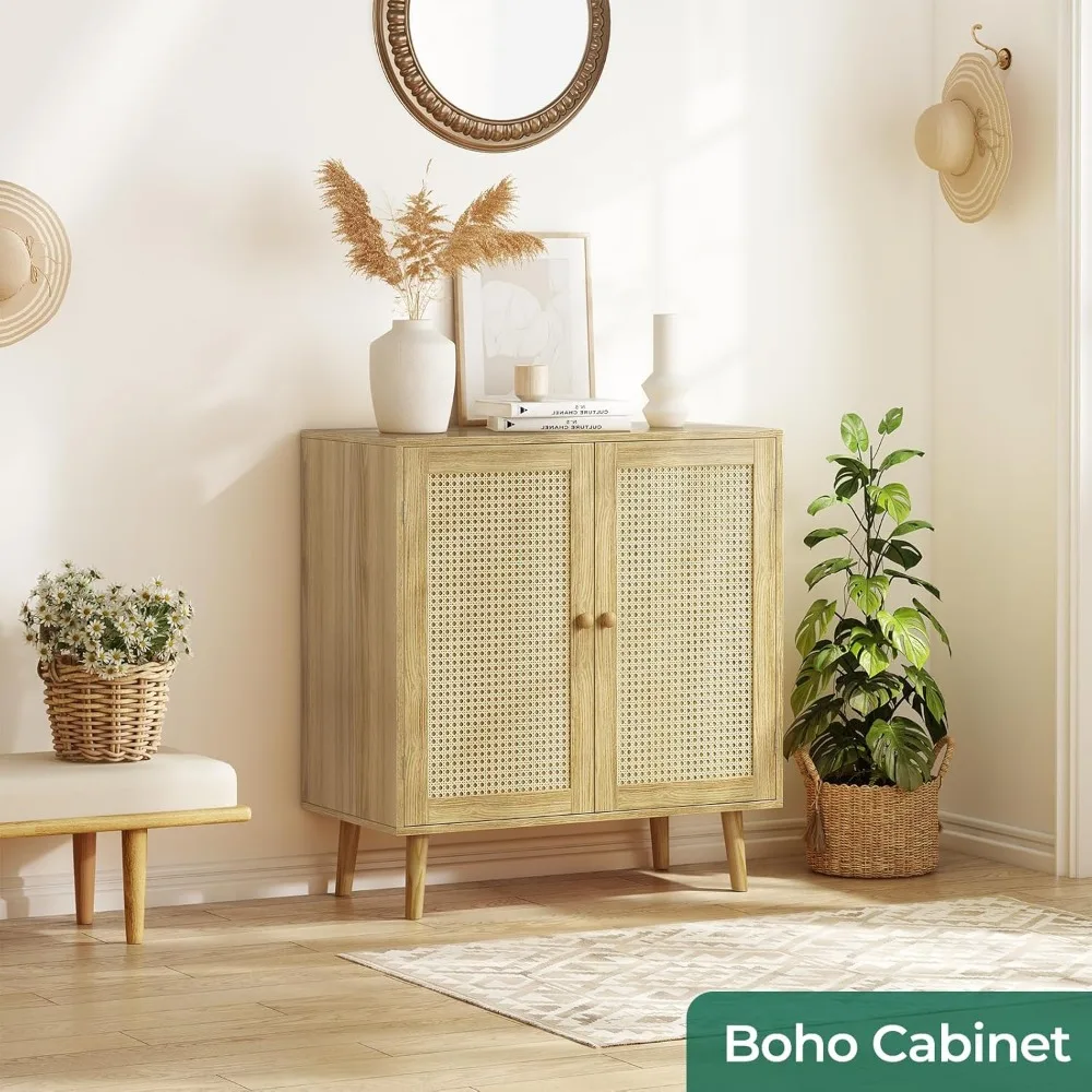 Storage Cabinet with PE Rattan Decor Doors, Accent Cabinet with Solid Wood Feet, Sideboard Cabinet for Living Room