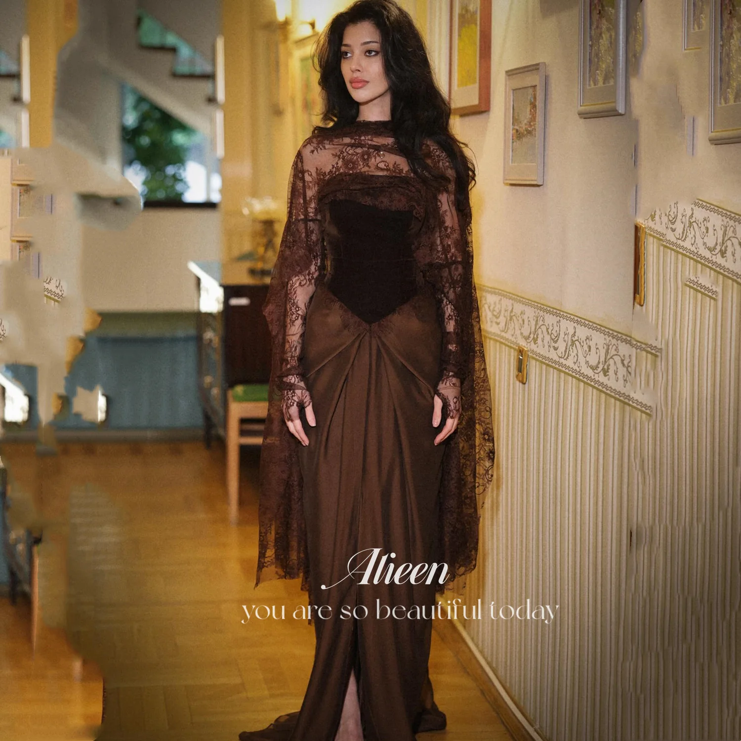

Aileen Grace Luxurious Women's Evening Dresses for Special Occasions Customized Lace Brown Vestidos De Festa Prom Dress Shawl