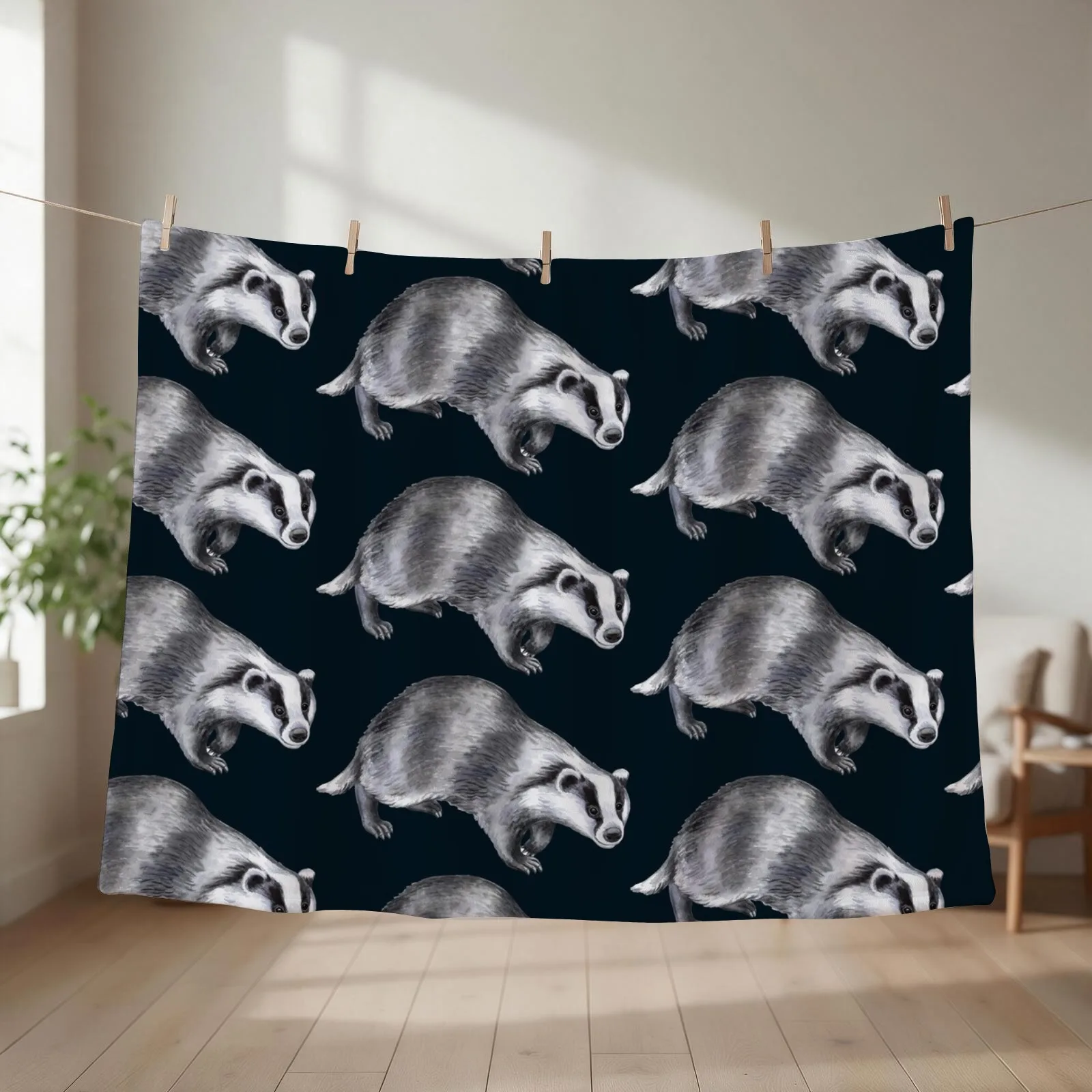 Badger animal watercolor hand drawn Throw Blanket for sofa Bed linens Sleeping Bag Picnic Blankets
