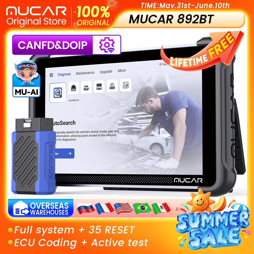 MUCAR 892BT Car diagnostic tool AI full system scanner tool 35 reset ECU Coding bi-directional CANFD&Doip lifetime free update