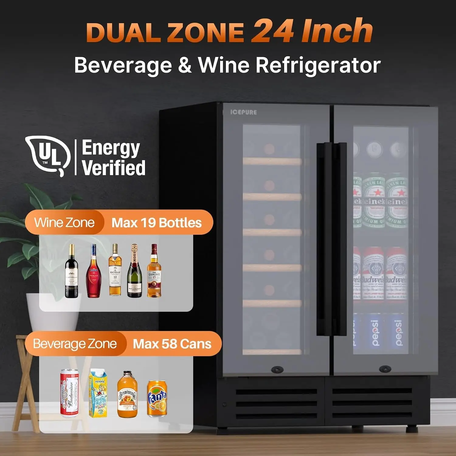 Wine and Beverage Refrigerator 24 Inch, Dual Zone Wine and Beverage Cooler with Glass Door, Freestanding or, Customized image 2