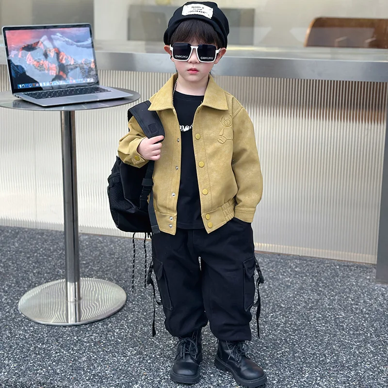 Big Boys Zipper Jackets Brown PU Leather Lapel Collar Coats Korean Style Autumn Single Breasted Children Cardigans 2-10 Years