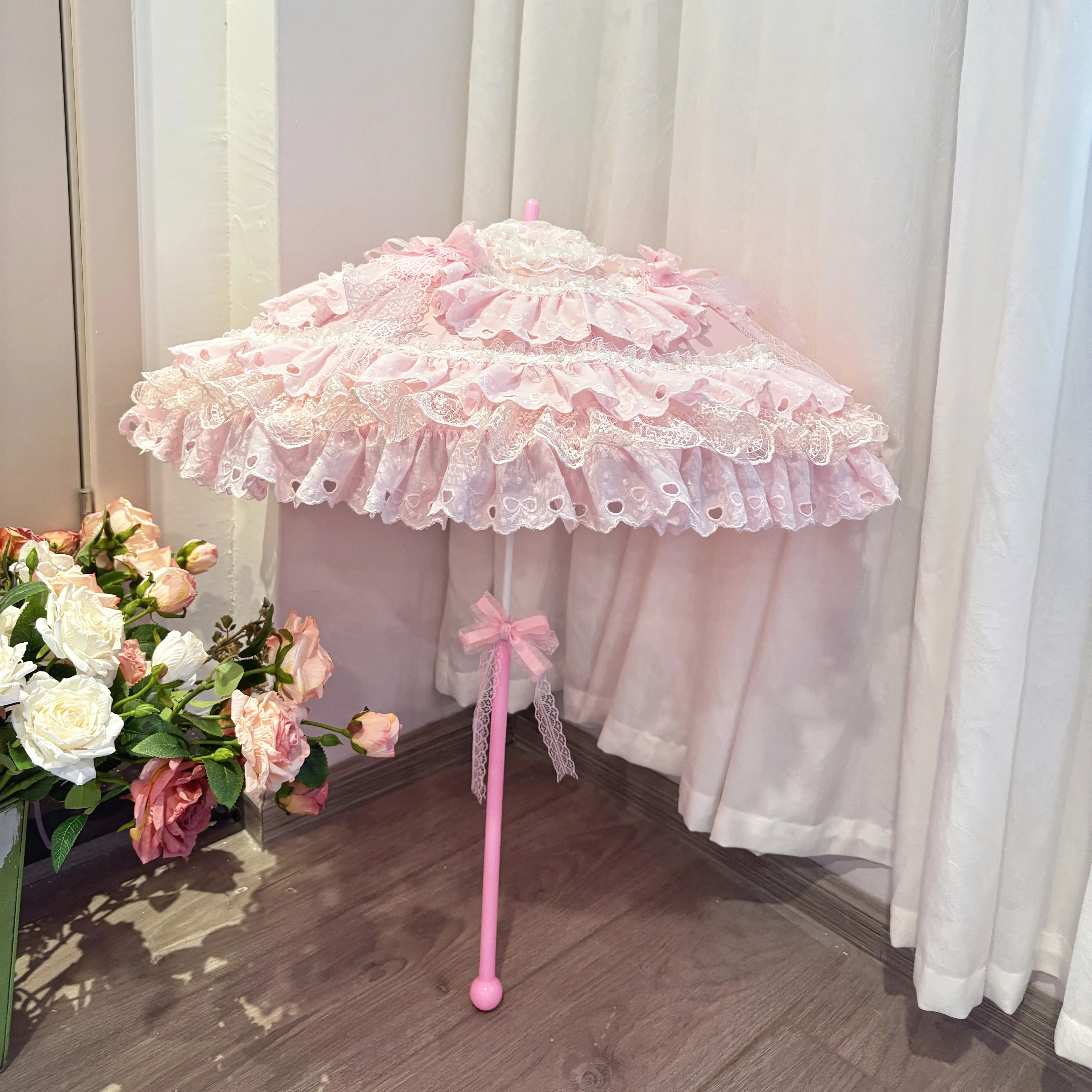 Original Handmade Lolita Umbrella Girl Heart Pink Flower Wedding Tea Party Small Western Umbrella Photography Prop Luo Umbrella