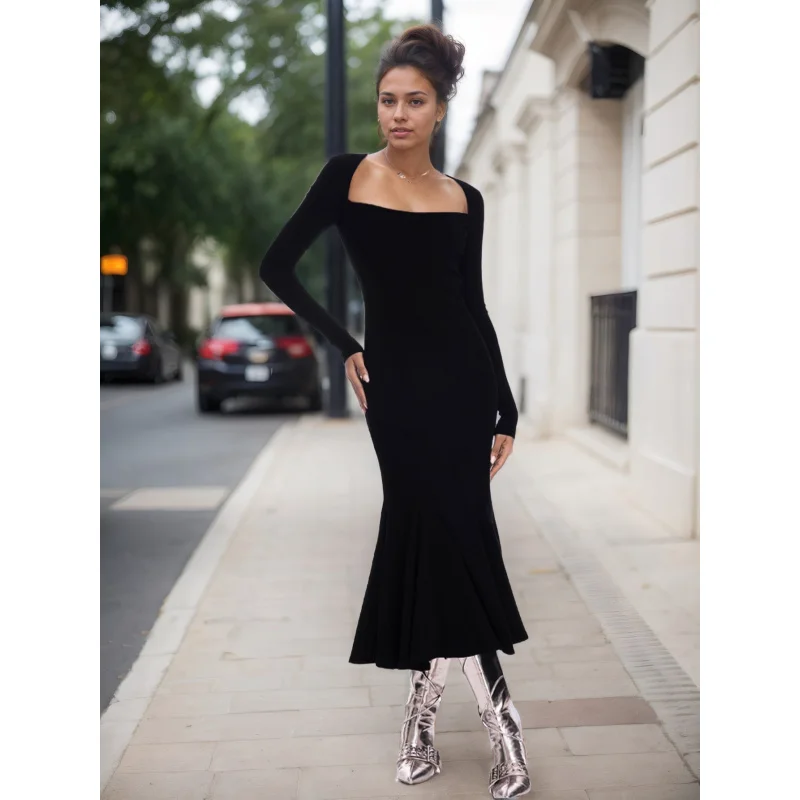 

YQ1-2025Autumn Winter New Independent Brand Women's Sexy Style Dress Square Neck Backless Elegant Long Dress