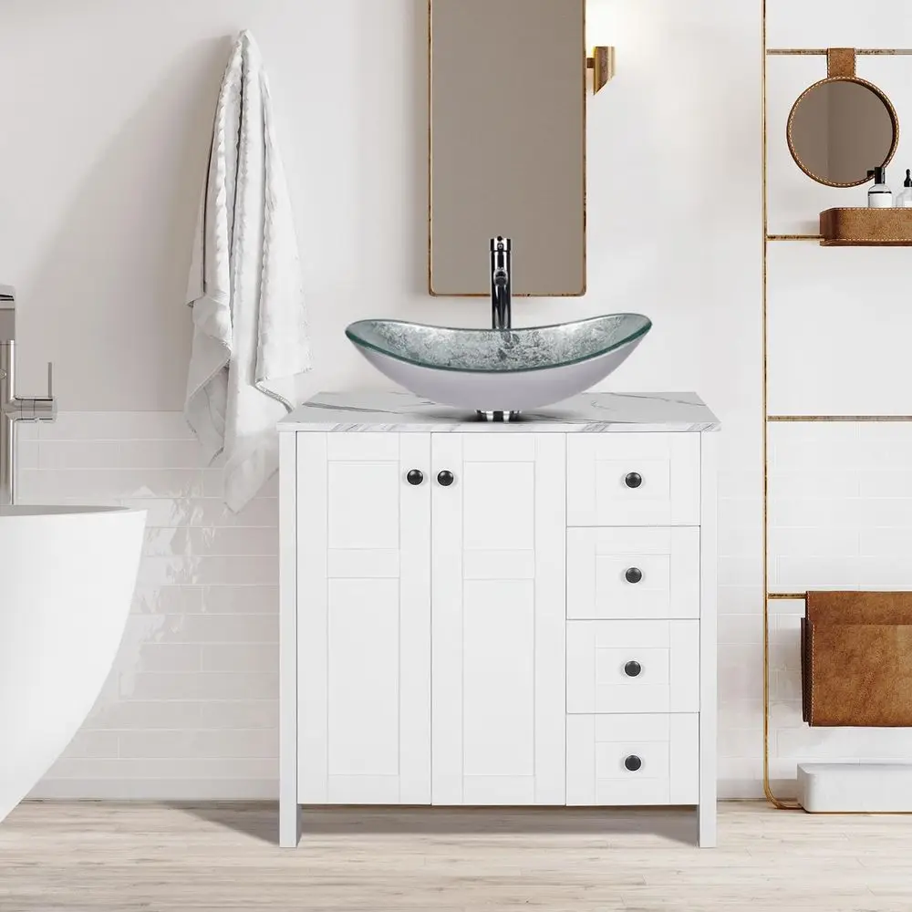 32 Marble-Top White Bathroom Vanity with 4 Drawers & Elegant Pedestal Sink