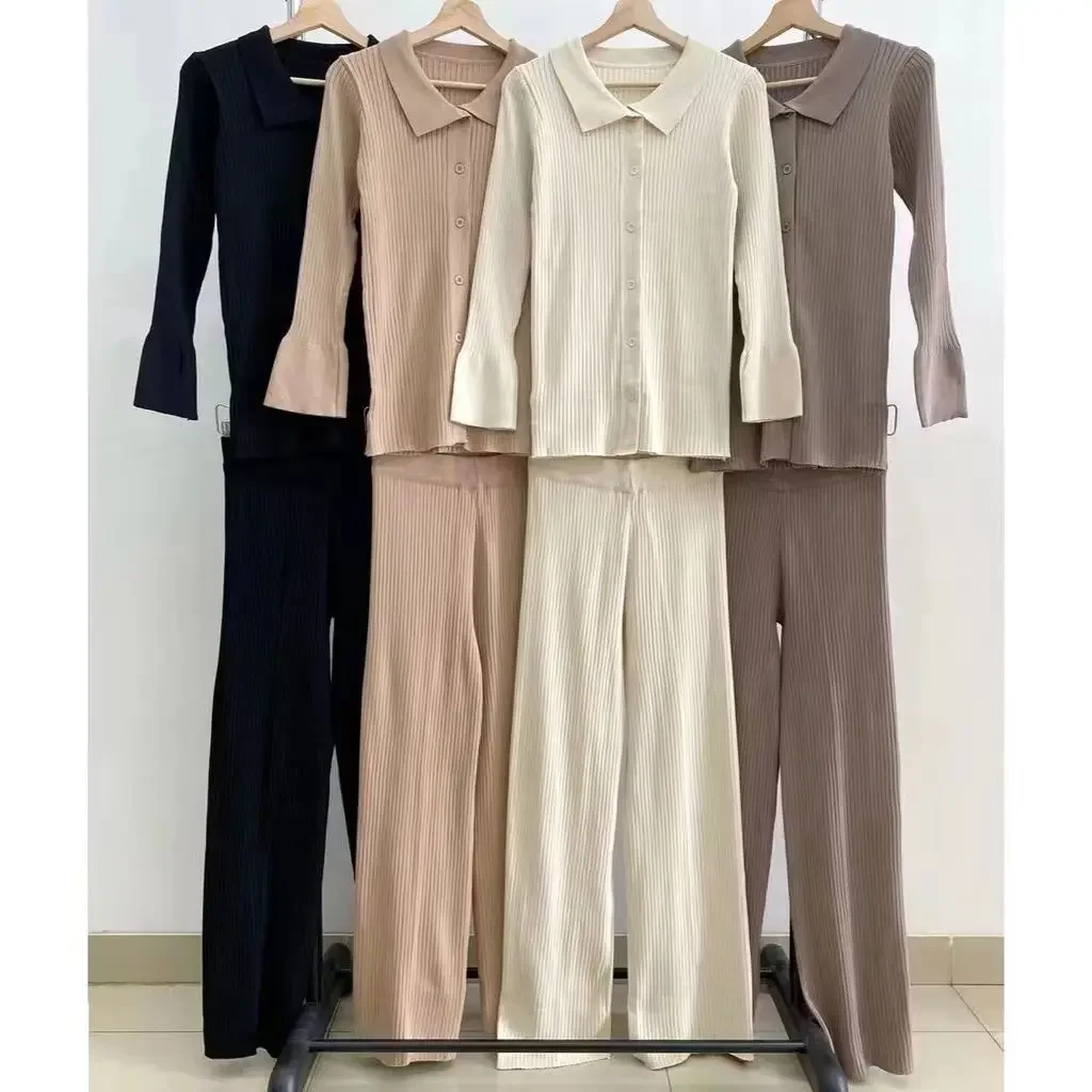 New Korean Fashion Two Piece Sets Womens Outfits Knitted Polo Collar Flare Sleeve Single Breasted Cardigan + Wide Leg Pants Suit