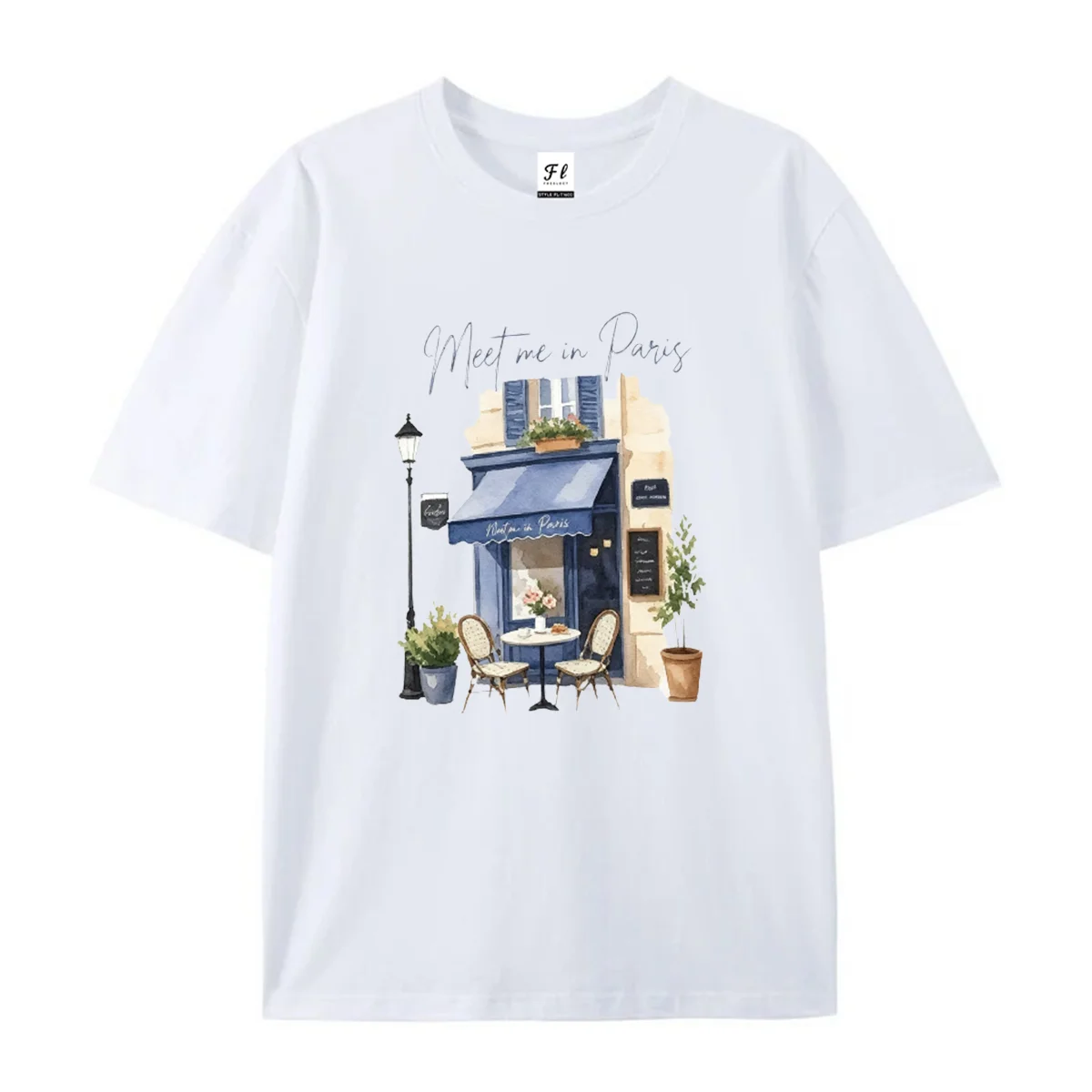 Women Paris Cafe Watercolor Print T Shirt O Neck Short Sleeve Tops Unisex Casual Loose Cotton Tee Retro Streetwear Clothing