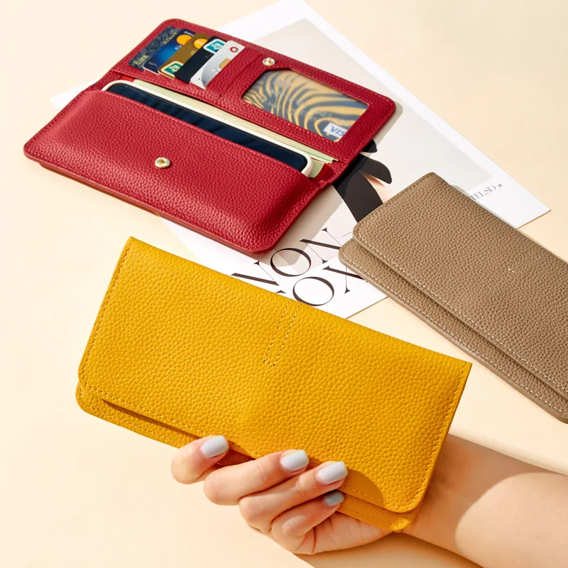 Women's Genuine Leather Long Wallet Ultra Thin Minimalist Purse Large Capacity Phone Card Integrated Leather Clutch Card Holder