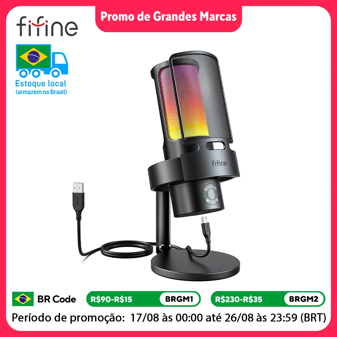 FIFINE Ampligame A8 PLUS USB MIC com RGB, 3 Cápsulas Contraláveis, 4 Pentes Polares, Seletores de Ganho, um Conector de Microfone ao Vivo e um Toque Silencioso
