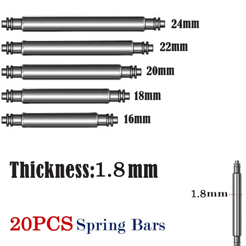 20pcs 시계 밴드 핀 1.8mm 직경 스프링 바 시계 액세서리 스테인레스 스틸 스프링로드 링크 핀 16mm 20mm 22mm 24mm 너비