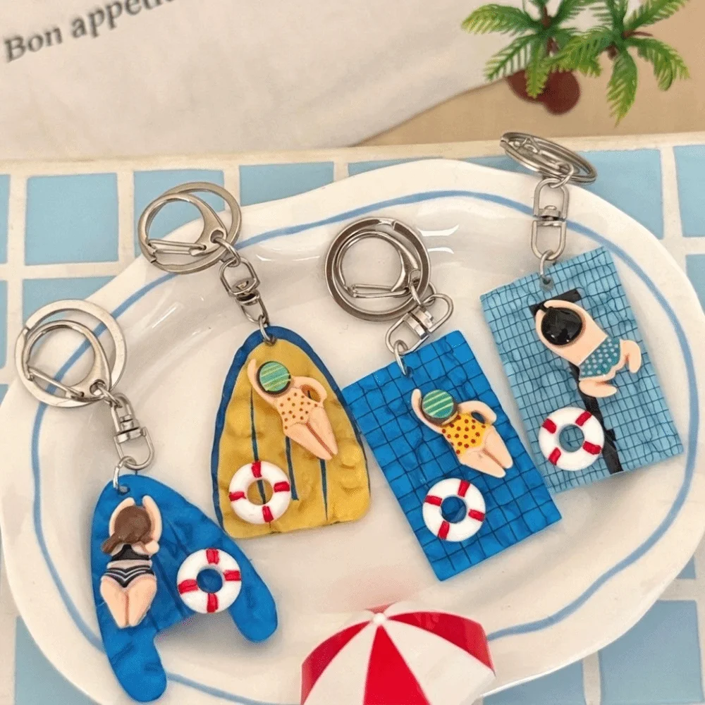 Cute Acrylic Pool Floating Board Keychain Blue Yellow Decorative Swimming Figure Pendant Creative Alloy Bag Charm Summer