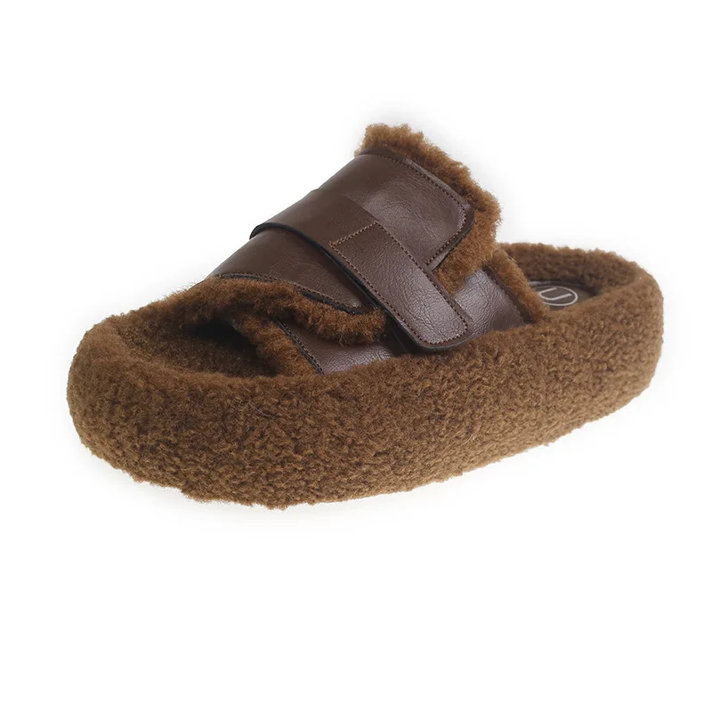 French Brown Thick Sole Outdoor Slippers For Women's Indoor Household Slippers Autumn And Winter Velvet Home Slippers