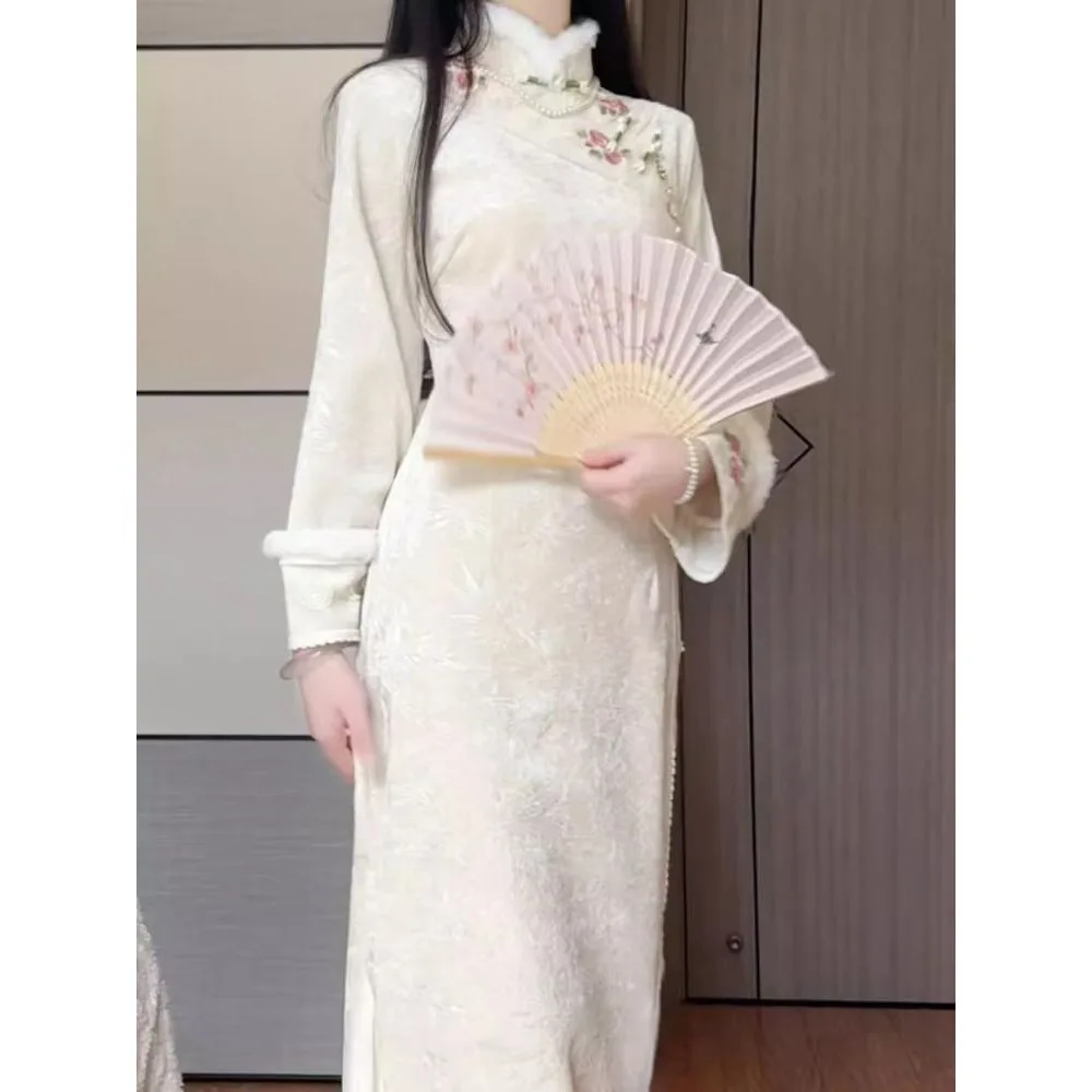 Cheongsam Young Lady Elegant Chinese Girl Improved Autumn Winter Long Sleeve Chinese New Year Qipao Dress Modern 2024