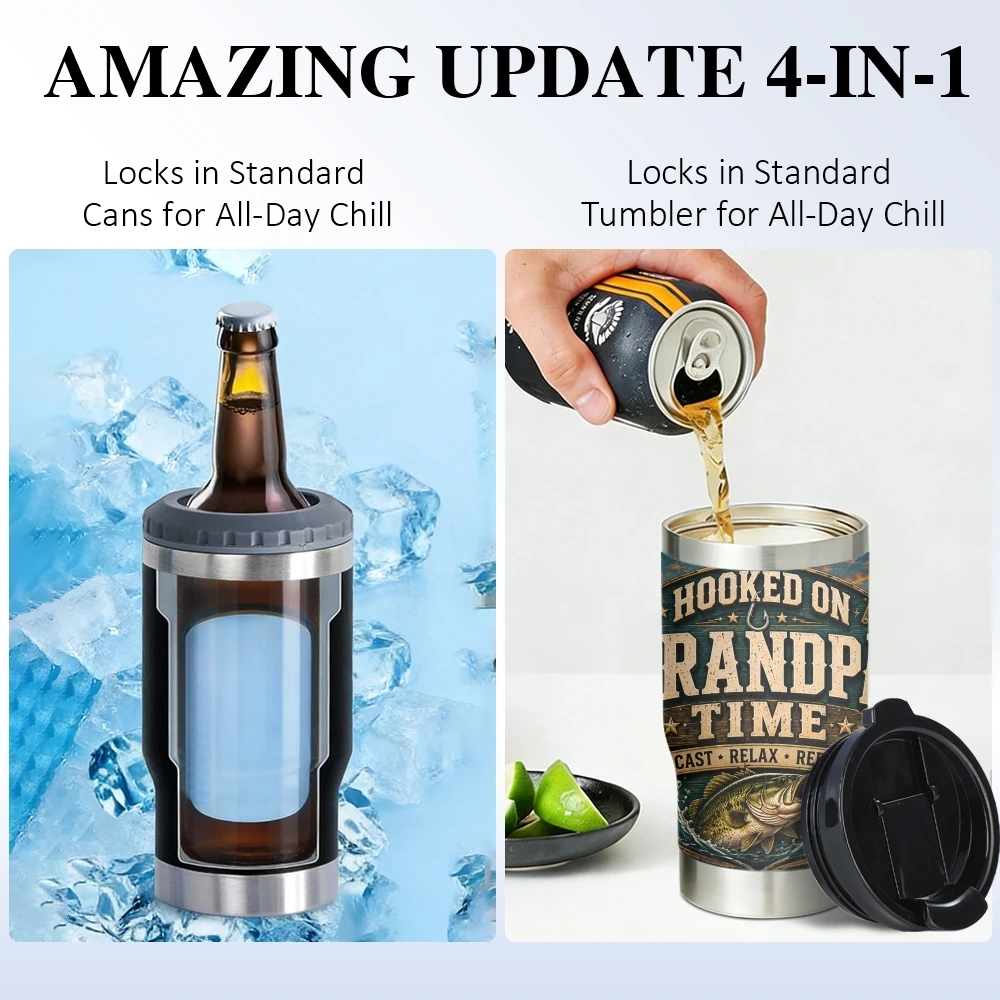 Reel Cool Grandpa Vacuum Flasks 4-in-1 Stainless Steel Can Cooler Insulated Beer Soda Coffee Holder Dual Lids Fits 12oz - view 5