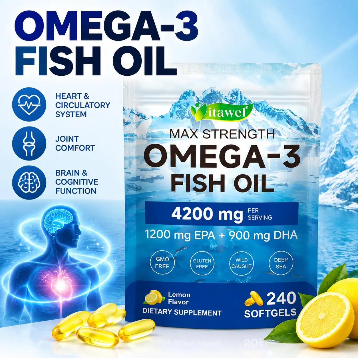 Omega-3 Fish Oil Softgels Cardiovascular Health Joint Flexibility Muscle Recover Brain Function Skin Glow Eye Care 240 Softgels