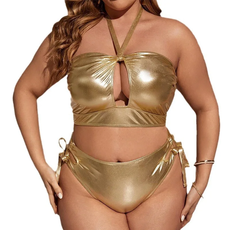 Bikini fendu de grande taille pour femmes, maillot de bain de plage suspendu en or, nouveauté, 2024