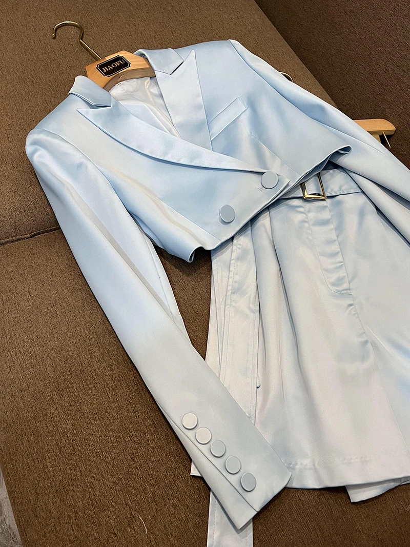 Injet cetim ultra-corte terno jaet e orts conjunto de duas peças feminino celebridade faion outono inverno commute sle a693