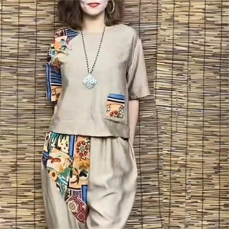 Two Piece Set for Women Summer Vintage Printed Short Sleeve Loose Tops Female Casual Cotton Linen High Waist Harem Pants Outfits