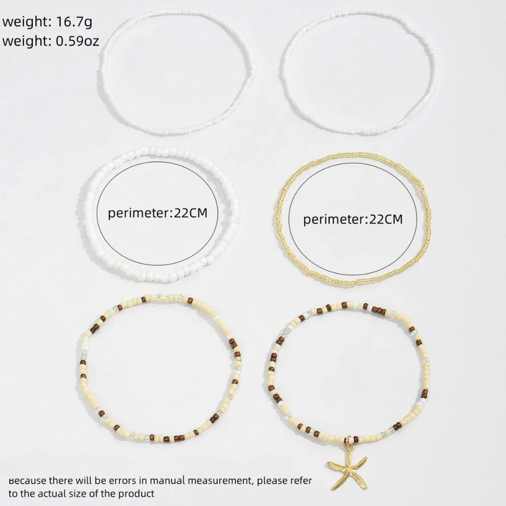 6pcs Set Summer Beach Acrylic Round Ball Beaded Starfish Anklet for Women Retro Trend Multilayer Foot Jewelry Holiday Accessory